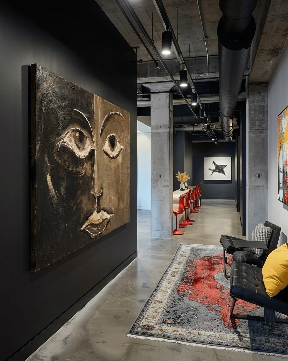 Large painting of a divided face displayed on a black wall in a modern design hallway with concrete columns and contemporary decor.