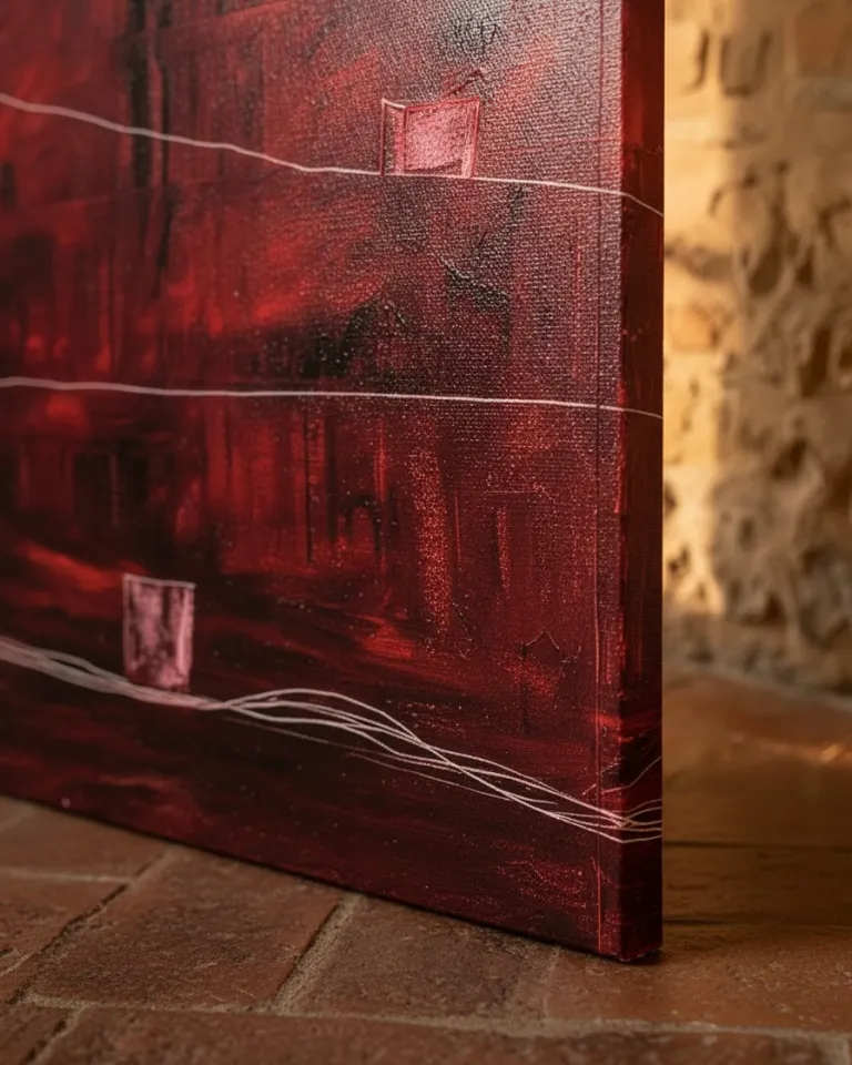 Primer plano de la esquina inferior derecha de una pintura abstracta vertical en tonos rojos profundos y negros, con líneas incisas blancas y formas cuadrangulares. El lienzo, de rica textura matérica, se apoya en un suelo de ladrillo de terracota. Su borde lateral pintado se aprecia junto a una pared de piedra rústica desenfocada, iluminada por una luz cálida.