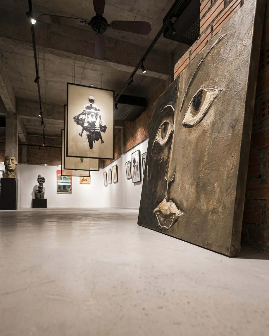 Medium, side-view detail of Maurizio Valch's canvas resting on the floor against a brick wall, showing the dense texture of ochre and black.