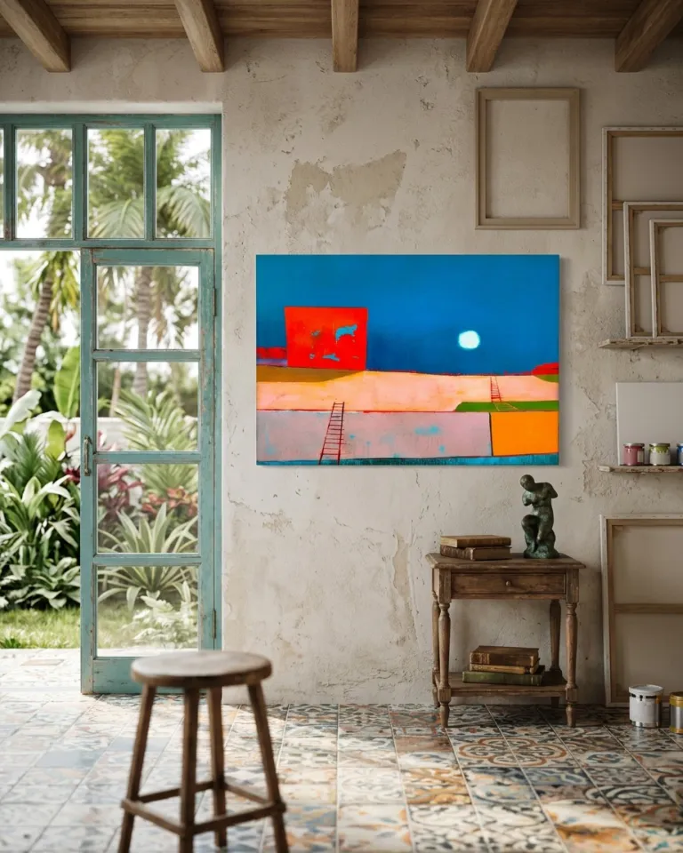 Horizontal abstract painting with a bright blue upper field and a lower field divided into pink, orange, and green tones. A rectangular crimson block anchors the left side. Two thin, ladder-like forms, one long and one short, are incised into the lower field. A small, bright white shape in the upper blue field.