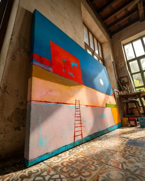 Horizontal abstract painting featuring a large blue field, a vibrant red block, and an ascending red ladder over pink and ochre tones, with a turquoise stripe at the base. The surface displays impasto texture and incisions. Photographed in a sunlit studio, casting shadows.