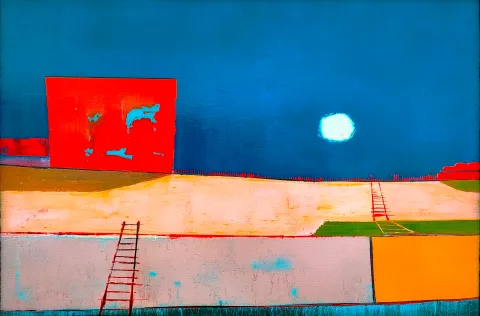 Abstract painting featuring a large red rectangular block on the left and a dominant dark blue field. A luminous circular form simulates a moon in the sky. Staircase elements and horizontal lines in earthy, orange, and gray tones create layers at the bottom of the composition. Texture is visible across the canvas.
