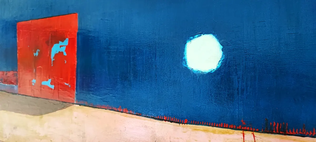 Detail of an abstract painting showing a red rectangular block with light blue incisions on the left and a dark blue sky with a luminous circular form on the right. The foreground features a horizontal band in earthy tones with small red dots and a paint drip. The surface has a noticeable texture.