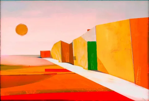 Abstract painting by Maurizio Valch from the PRIMORDIUM series. It features large, dark vertical forms resembling buildings or walls. A solitary sphere is positioned to one side. Small stairways are integrated into the composition, almost merging with the structures, creating a primordial landscape with distinct architectural elements and spatial divisions.