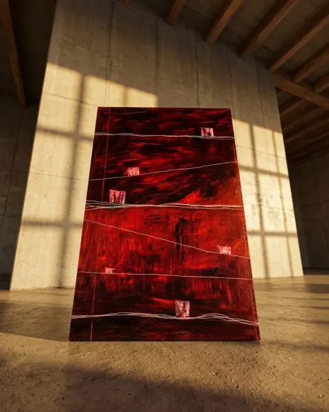 Vertical abstract painting by Maurizio Valch, from the STRATA series, displayed in an industrial architectural interior with concrete walls. The predominantly red and dark artwork features broad, superimposed color fields with subtle reliefs and linear white incisions that traverse the surface. Small, light rectangular forms are scattered, creating points of visual tension within the deep chromatic field.
