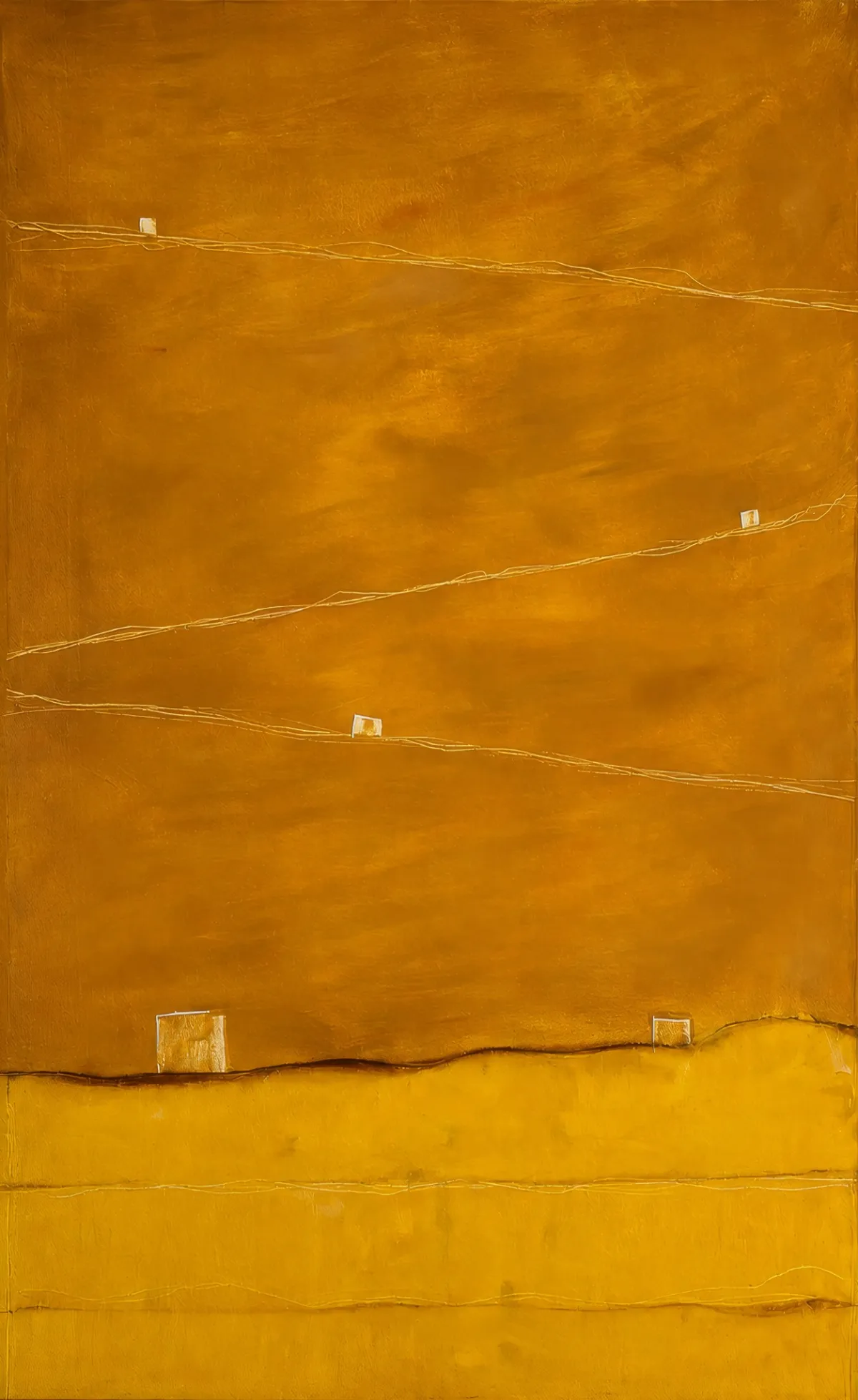 Vertical composition in ochre and yellow with fine ascending lines, small pale rectangles and layered bands.