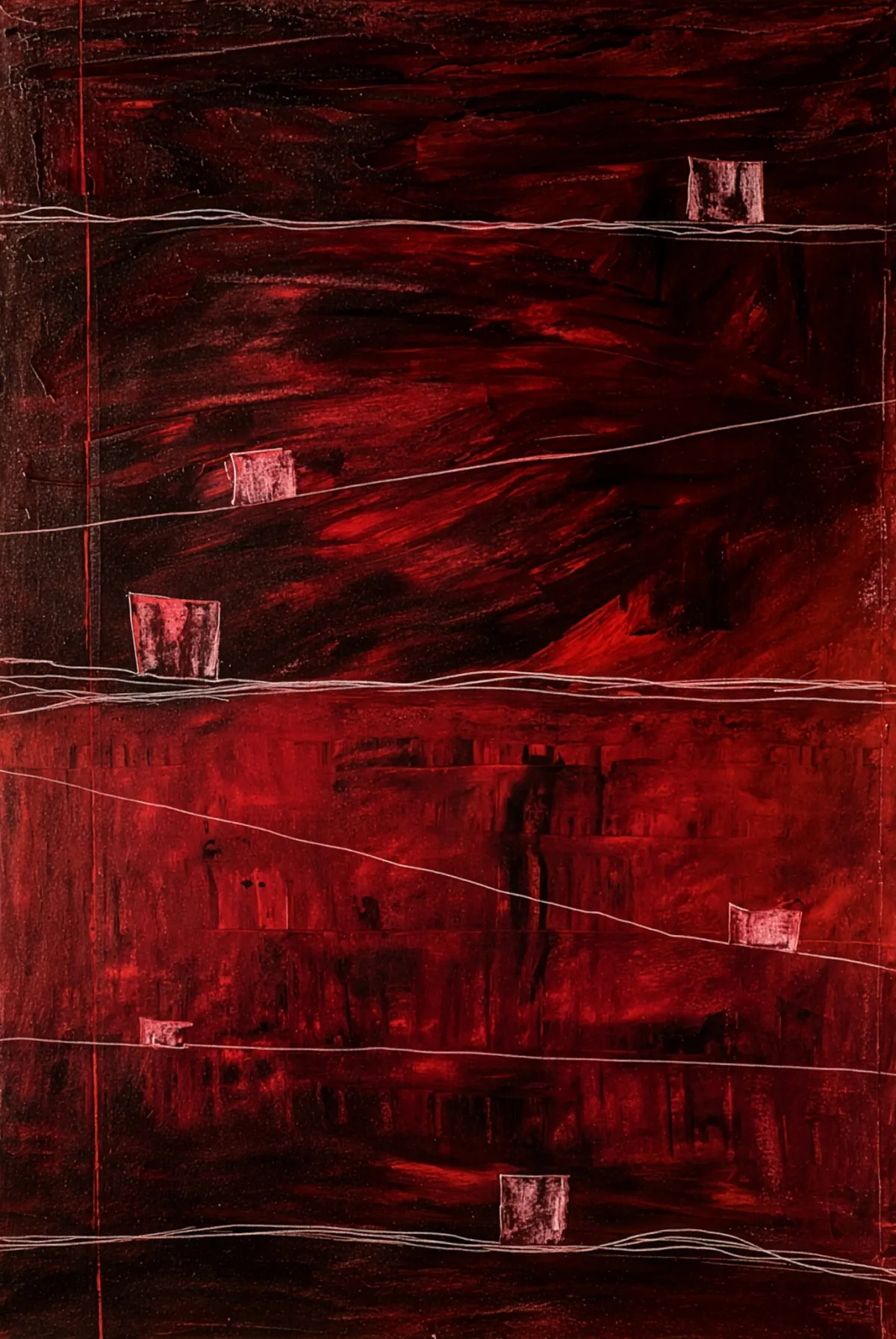 Vertical red and black composition built from gestural layers, pale horizontal lines and small light rectangular forms.