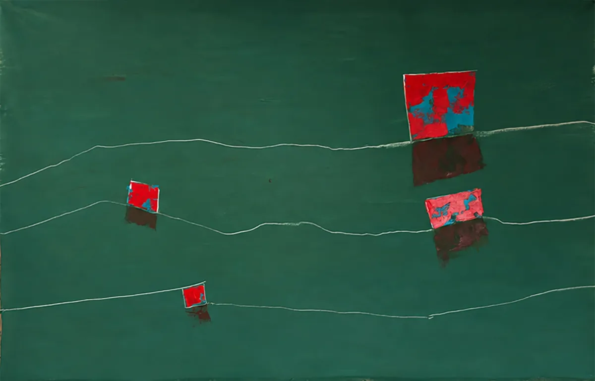 Green painted field crossed by pale undulating lines and four rectangular forms containing red, turquoise and dark areas.