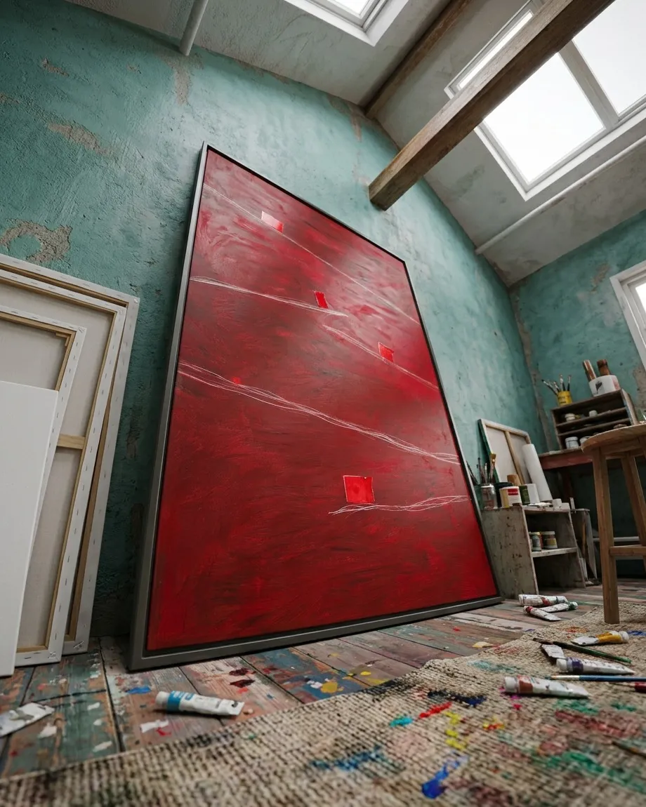 Pintura abstracta vertical apoyada en el suelo de madera de un taller artístico con paredes de color turquesa envejecido. El lienzo muestra un campo de color rojo carmesí texturizado, atravesado horizontalmente por finas líneas blancas incisas y cuatro pequeños bloques rectangulares de color rojo más intenso distribuidos en sentido diagonal.