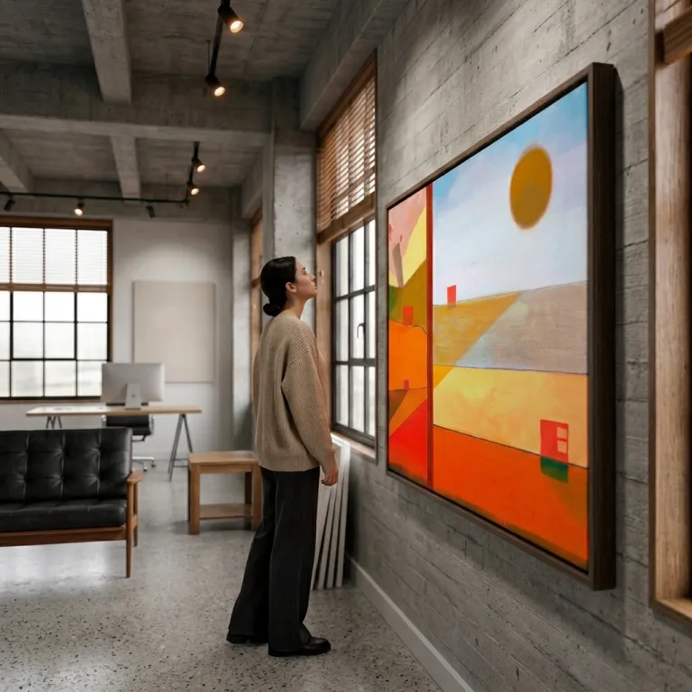 Side view of a large-format abstract painting on a concrete wall. The artwork features a golden circle on a light blue field, with geometric areas in orange, yellow, and red below. A person stands facing the painting, wearing a beige sweater and dark pants. The room has large windows with wooden blinds and a concrete ceiling with track lighting.