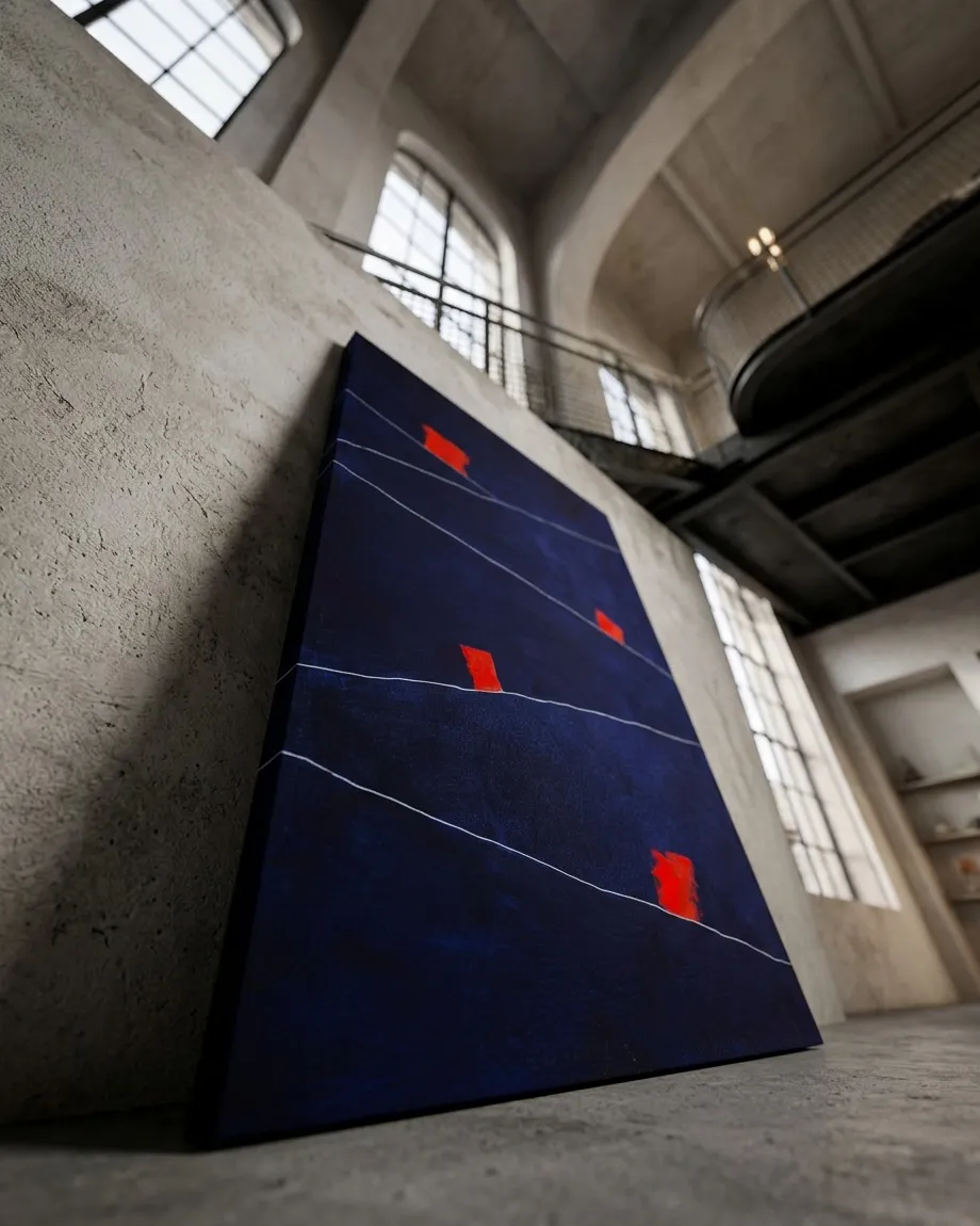 Pintura abstracta vertical de Maurizio Valch, STRATA X — SIGNUM. Presenta un campo azul oscuro con líneas diagonales blancas y cuatro rectángulos rojos vibrantes. La superficie es texturizada, con la obra apoyada en el suelo contra una pared de hormigón en un espacio industrial iluminado por grandes ventanales.