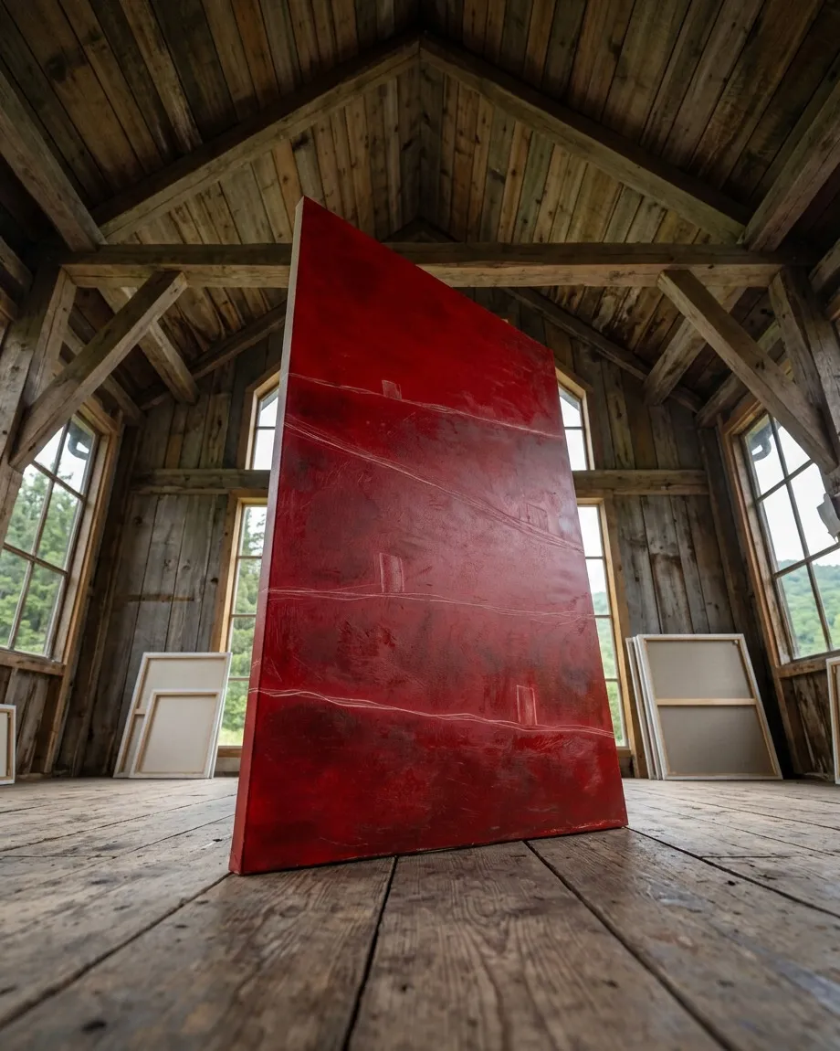 Fotografía en contrapicado de un lienzo vertical rojo apoyado sobre un suelo de madera rústica en un atelier de techos altos. La obra presenta una densa capa de pintura carmesí con cuatro líneas incisas horizontales y pequeños bloques blancos distribuidos de manera escalonada.