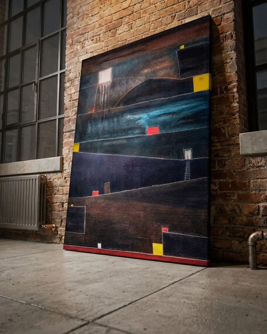 Vertical abstract painting by Maurizio Valch, titled ADITUS. It features dark blue, brown, and black tones with incised horizontal bands. Rectangular blocks in yellow, red, and white are visible, along with a white element showing drips and a small ladder ascending towards an opening. The surface is textured.