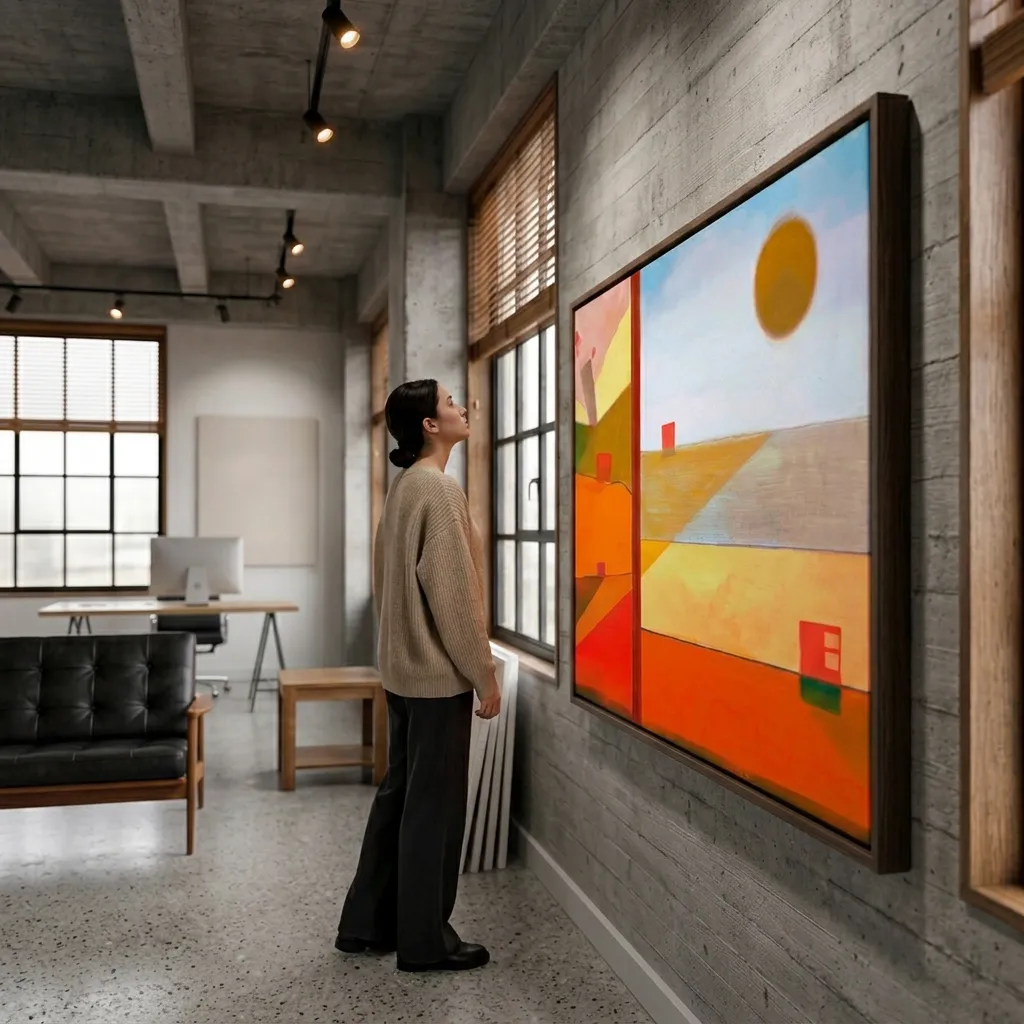 Side view of a large-format abstract painting on a concrete wall. The artwork features a golden circle on a light blue field, with geometric areas in orange, yellow, and red below. A person stands facing the painting, wearing a beige sweater and dark pants. The room has large windows with wooden blinds and a concrete ceiling with track lighting.