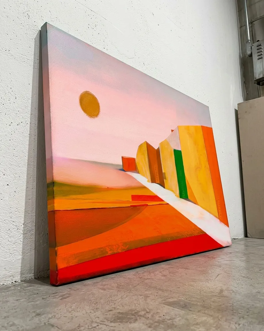 A horizontal abstract painting by Maurizio Valch, leaning, featuring angular monolithic forms and a diagonal white path. Dominant colors are orange, yellow, red, and white, with a yellow sphere set against a pale pink sky. Visible textural details.