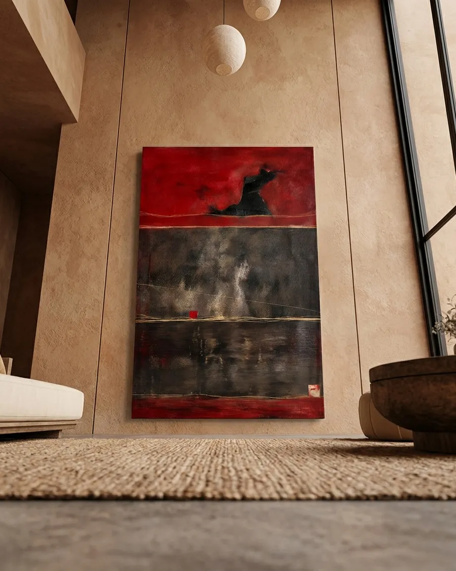 Pintura abstracta de Maurizio Valch, Un solo paso en la ceniza, colgada en una pared de yeso color tierra en un salón de diseño minimalista con alfombra de fibras naturales.