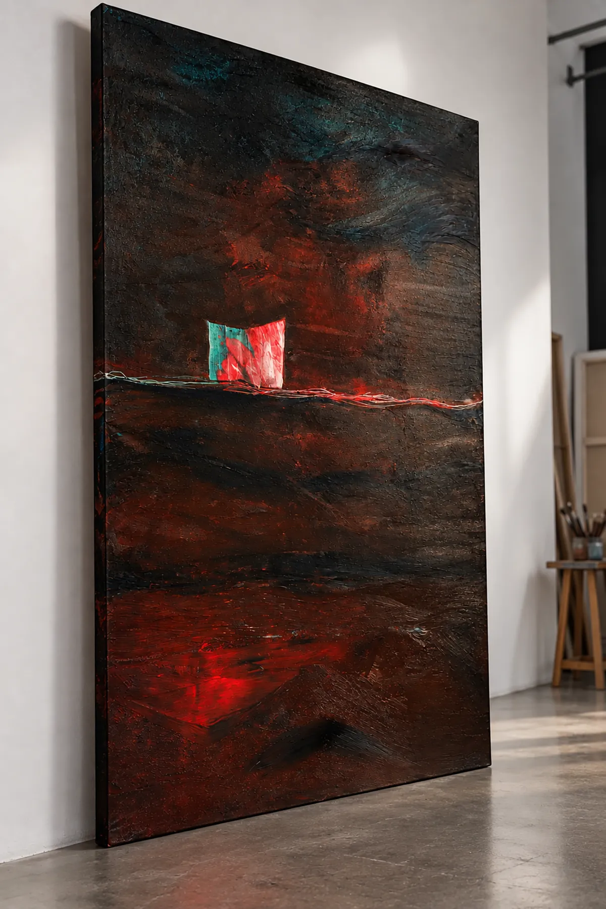 Large-format vertical painting leaning on the floor of an artist's studio with tools and an easel in the background.