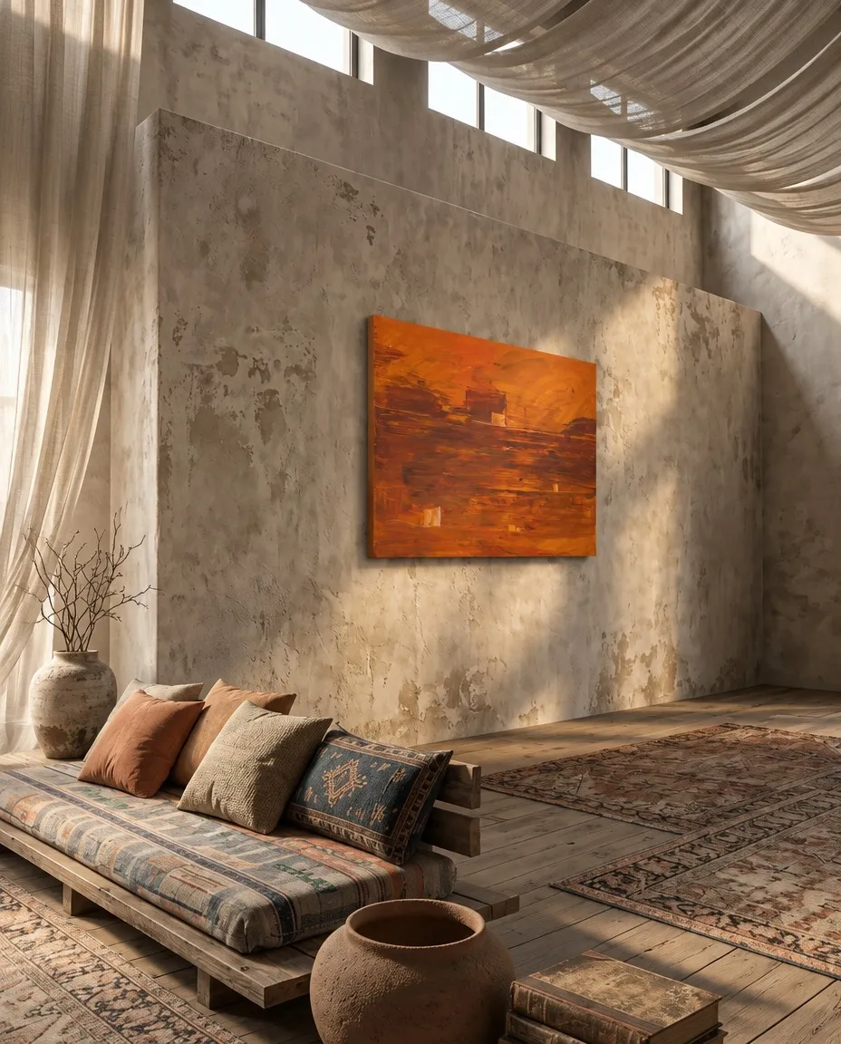 Compages de Maurizio Valch, pintura abstracta naranja con bandas oscuras, colgada sobre una pared de hormigón en un salón de tonos tierra y textiles naturales.