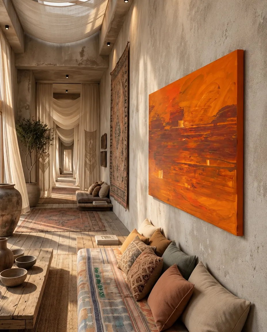 Compages, pintura abstracta horizontal naranja de Maurizio Valch, colgada en un salón de estilo mediterráneo con textiles, cerámica y paredes de yeso.