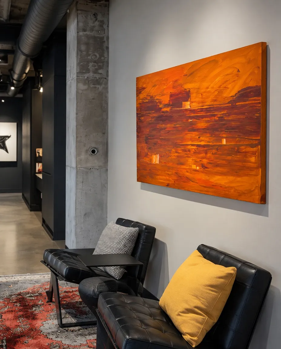Compages, pintura abstracta naranja de Maurizio Valch, sobre una pared clara en un interior industrial con hormigón visto y sillones negros.